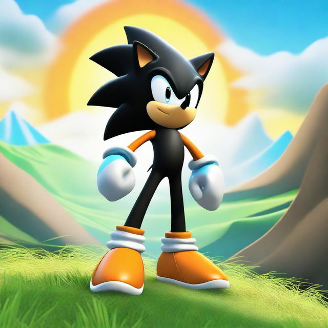 Modify the black Sonic the Hedgehog image, adding secondary cyan-colored spikes to his form. He sports vibrant orange rings on his gloves, and stands confidently on a grassy hill against a bright sky.