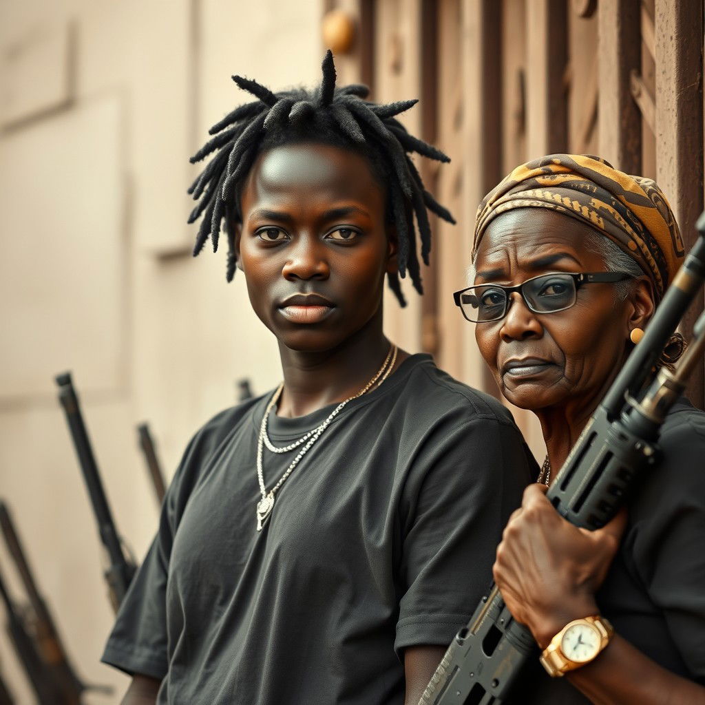 Dentro de um barraco repleto de armas, uma mulher jovem africana, negra, baixa e desnutrida de 25 anos aparece com uma expressão severa, mostrando dentes amarelados e podres