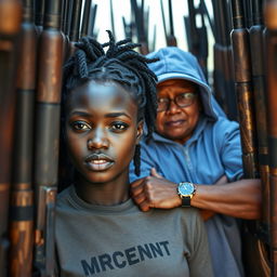 Dentro de um barraco repleto de armas, uma mulher jovem africana, negra, baixa e desnutrida de 25 anos aparece com uma expressão severa, mostrando dentes amarelados e podres