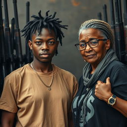 Dentro de um barraco repleto de armas, uma mulher jovem africana, negra, baixa e desnutrida de 25 anos aparece com uma expressão severa, mostrando dentes amarelados e podres