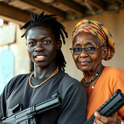 Dentro de um barraco repleto de armas, uma mulher jovem africana, negra, baixa e desnutrida de 25 anos aparece com uma expressão severa, mostrando dentes amarelados e podres