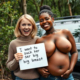 Beside an SUV in the midst of a wild thicket, a striking scene takes place featuring a young blonde woman, petite and malnourished at 25 years old