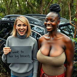 Beside an SUV in the midst of a wild thicket, a striking scene takes place featuring a young blonde woman, petite and malnourished at 25 years old
