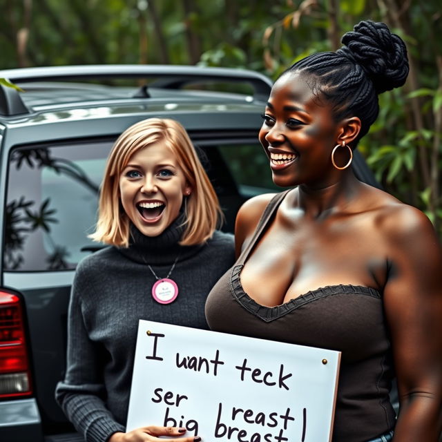 Beside an SUV in the midst of a wild thicket, a striking scene takes place featuring a young blonde woman, petite and malnourished at 25 years old