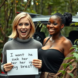 Beside an SUV in the midst of a wild thicket, a captivating scene unfolds featuring a young blonde woman, petite and malnourished at 25 years old