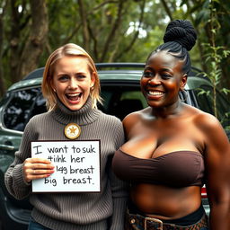 Beside an SUV in the midst of a wild thicket, a captivating scene unfolds featuring a young blonde woman, petite and malnourished at 25 years old