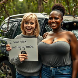 Beside an SUV in the midst of a wild thicket, a captivating scene unfolds featuring a young blonde woman, petite and malnourished at 25 years old