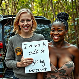 Beside an SUV in the midst of a wild thicket, a captivating scene unfolds featuring a young blonde woman, petite and malnourished at 25 years old