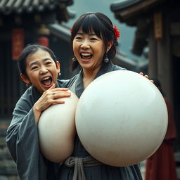 In a medieval Chinese village, a young Chinese woman who is short and emaciated is shouting loudly