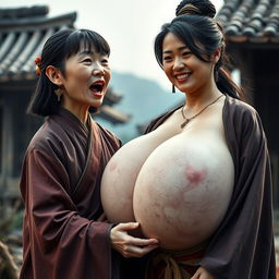In a medieval Chinese village, a young Chinese woman who is short and emaciated is shouting loudly