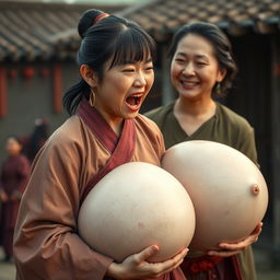 In a medieval Chinese village, a young Chinese woman who is short and emaciated is shouting loudly