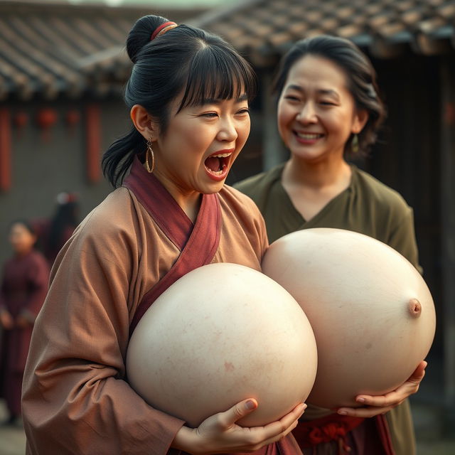 In a medieval Chinese village, a young Chinese woman who is short and emaciated is shouting loudly