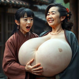 In a medieval Chinese village, a young Chinese woman who is short and emaciated is shouting loudly
