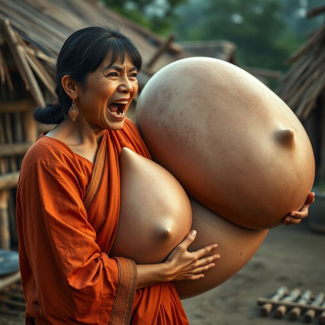 In a medieval Indian village, a young Indian woman who is short and emaciated is shouting loudly