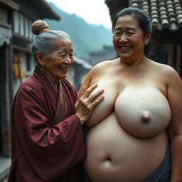 In a medieval Chinese village, an elderly Chinese woman, petite and emaciated with decayed teeth, is dressed in a long, fully closed Buddhist robe