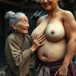 In a medieval Chinese village, an elderly Chinese woman, petite and emaciated with decayed teeth, is dressed in a long, fully closed Buddhist robe