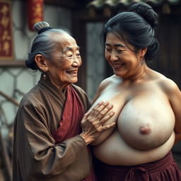 In a medieval Chinese village, an elderly Chinese woman, petite and emaciated with decayed teeth, is dressed in a long, fully closed Buddhist robe
