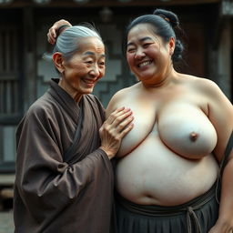 In a medieval Chinese village, an elderly Chinese woman, petite and emaciated with decayed teeth, is dressed in a long, fully closed Buddhist robe