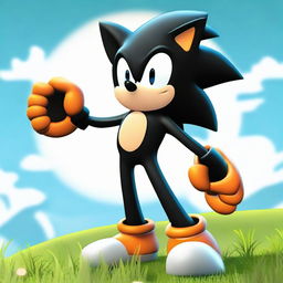 Modify the black Sonic the Hedgehog image, adding secondary cyan-colored spikes to his form. He sports vibrant orange rings on his gloves, and stands confidently on a grassy hill against a bright sky.