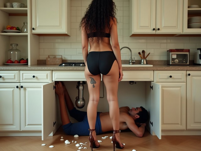 In a luxurious, spacious kitchen, a medium-built Latina woman stands in front of the sink, slightly bending forward with her legs apart
