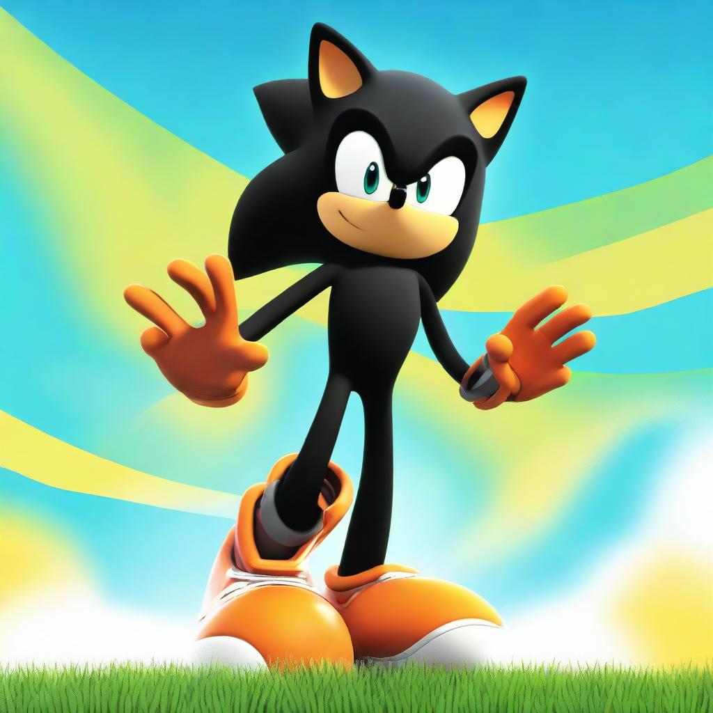 Modify the black Sonic the Hedgehog image, adding secondary cyan-colored spikes to his form. He sports vibrant orange rings on his gloves, and stands confidently on a grassy hill against a bright sky.