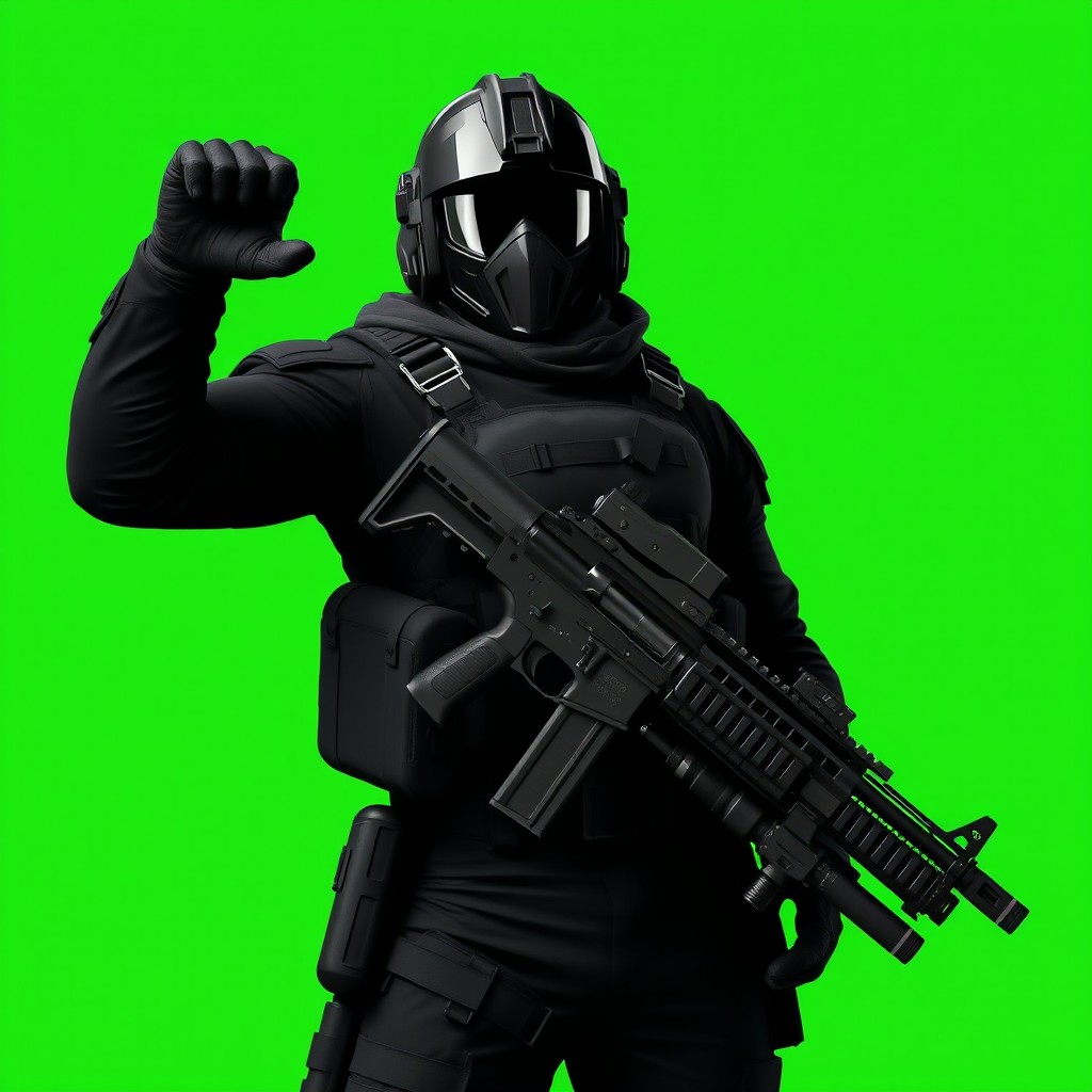 A heroic and pretentious logo-style image of a fully black man, with black clothing and a weapon, posing confidently against a vibrant green background