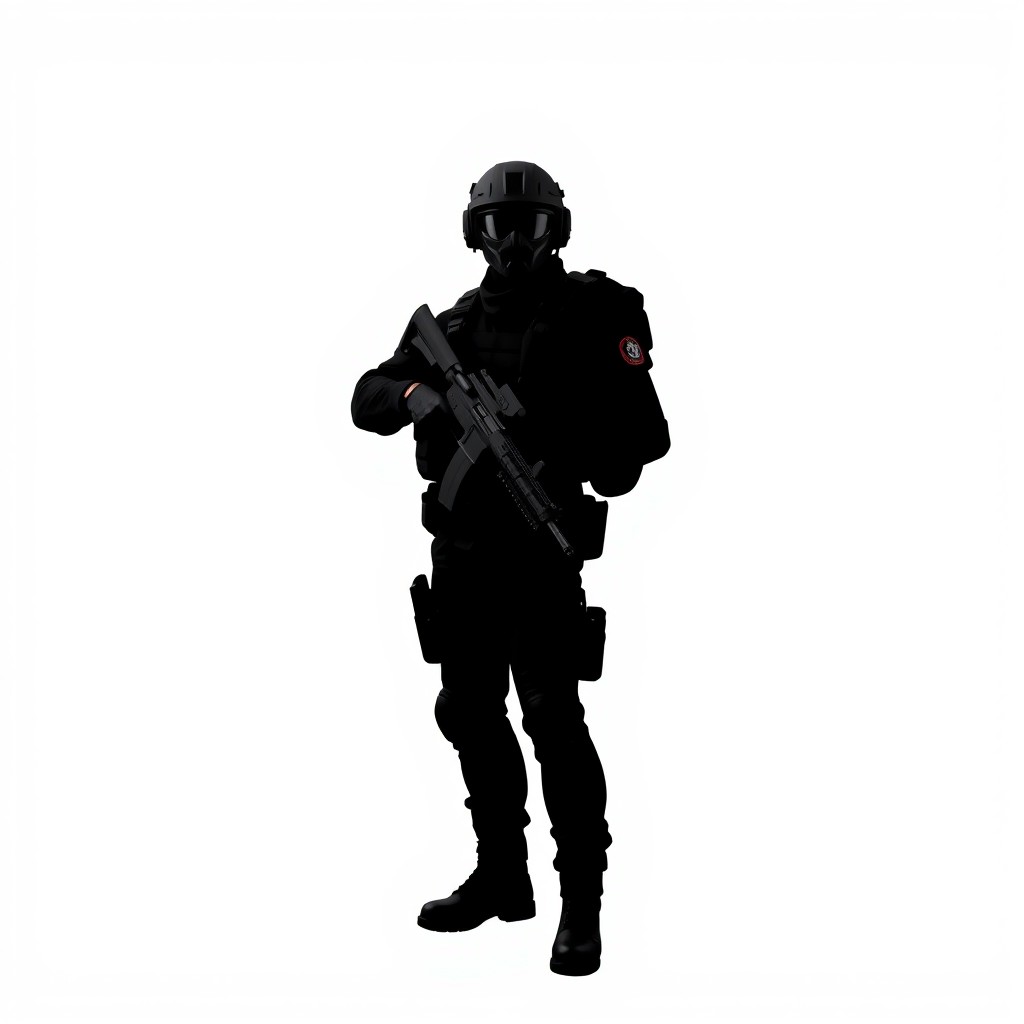 A logo-style image featuring the shadow silhouette of a fully black man, with black clothing and a weapon, posed heroically to reflect strength and determination