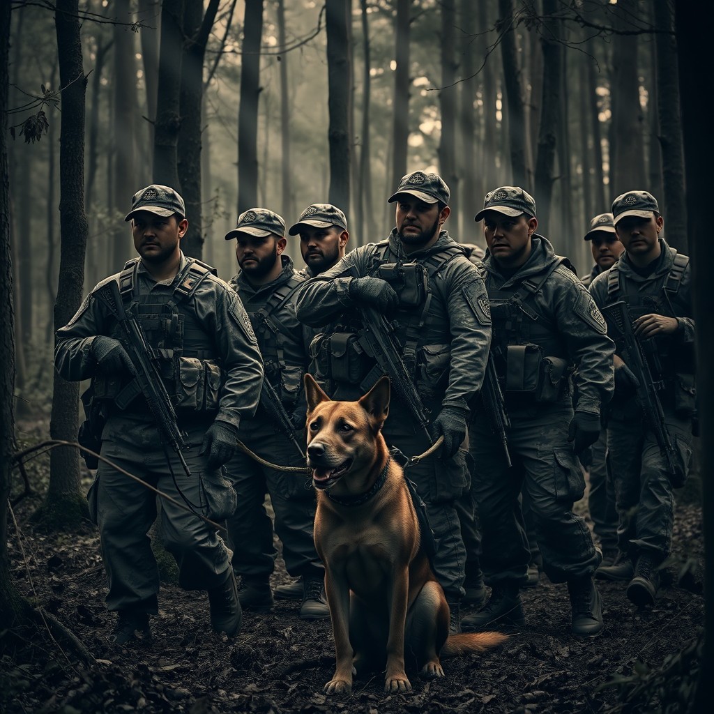 A group of military personnel in a dense forest, depicted in shades of black and brown