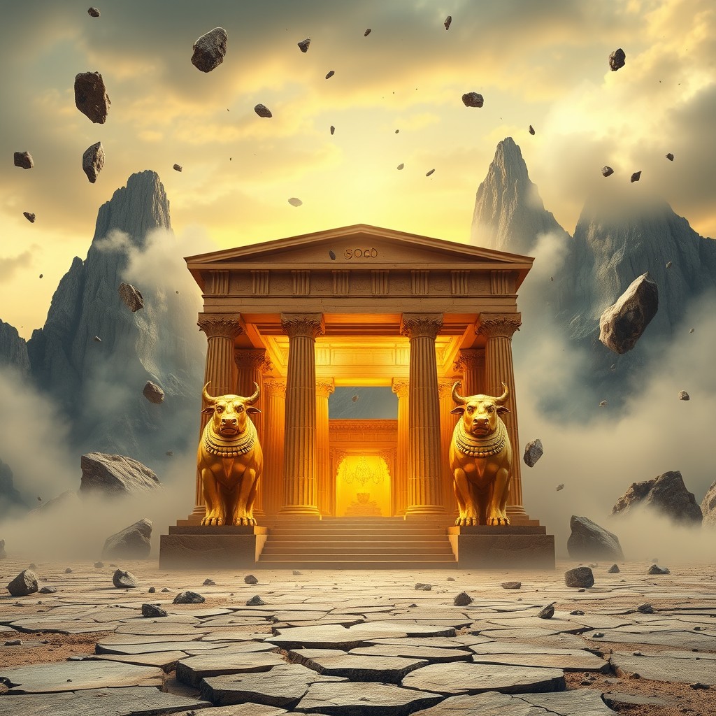 A monumental and magnificent Greek temple, adorned in gold, standing on cracked and arid ground