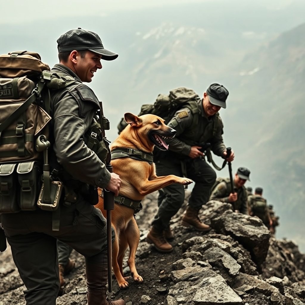 A group of military soldiers ascending a mountain, depicted in shades of black and brown