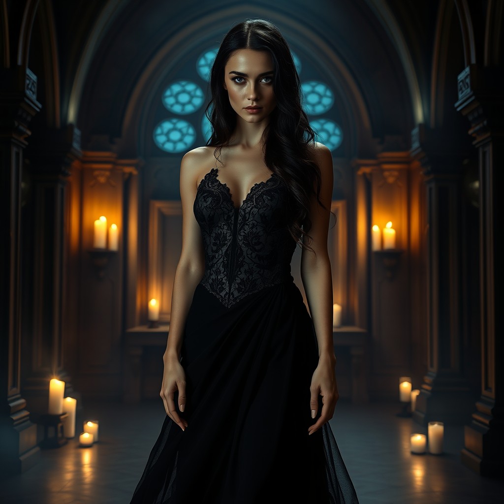 A striking portrayal of Lilith, a mythological figure, wearing an elegant black gown