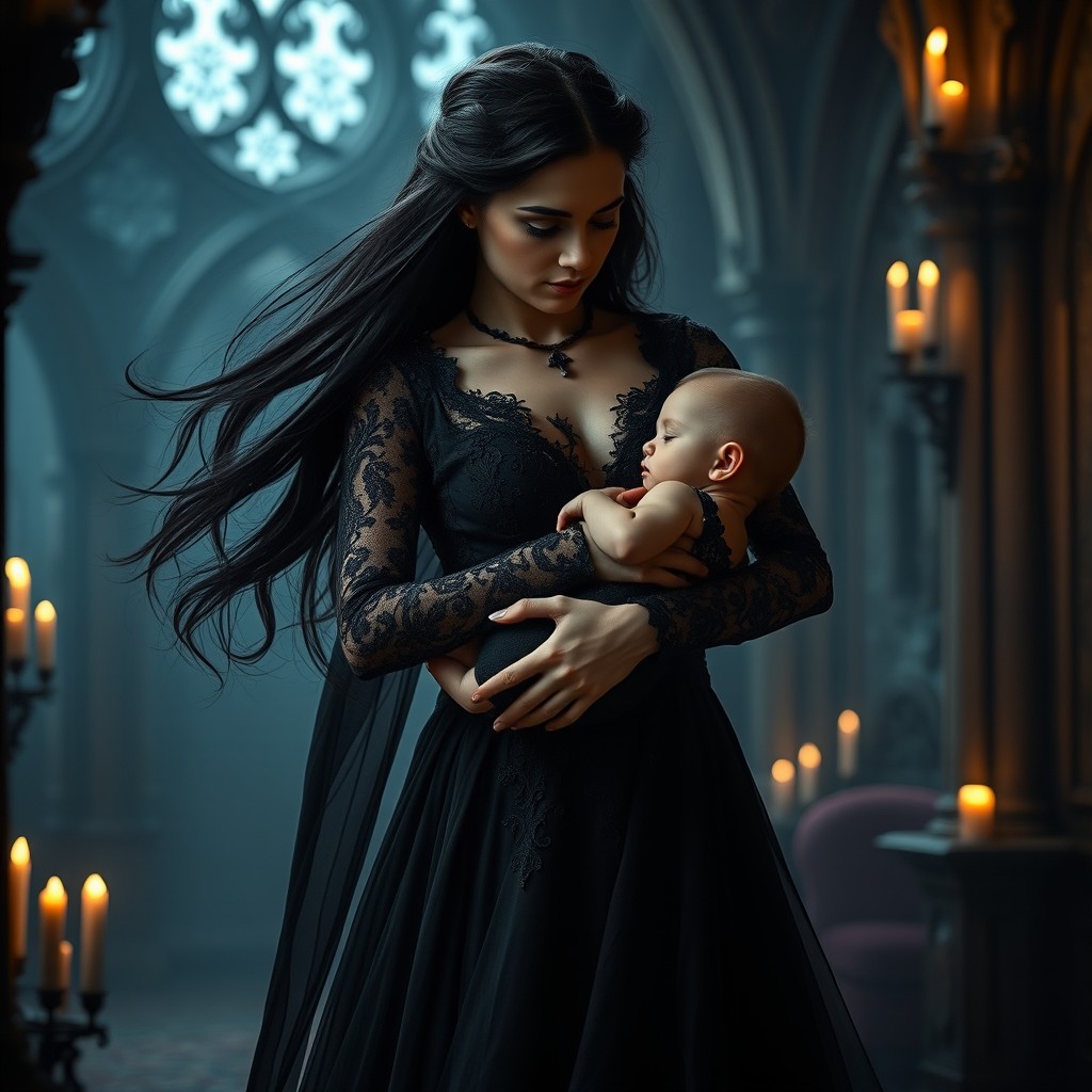 A captivating image of Lilith, a mythological figure, wearing an elegant black gown, tenderly holding her son