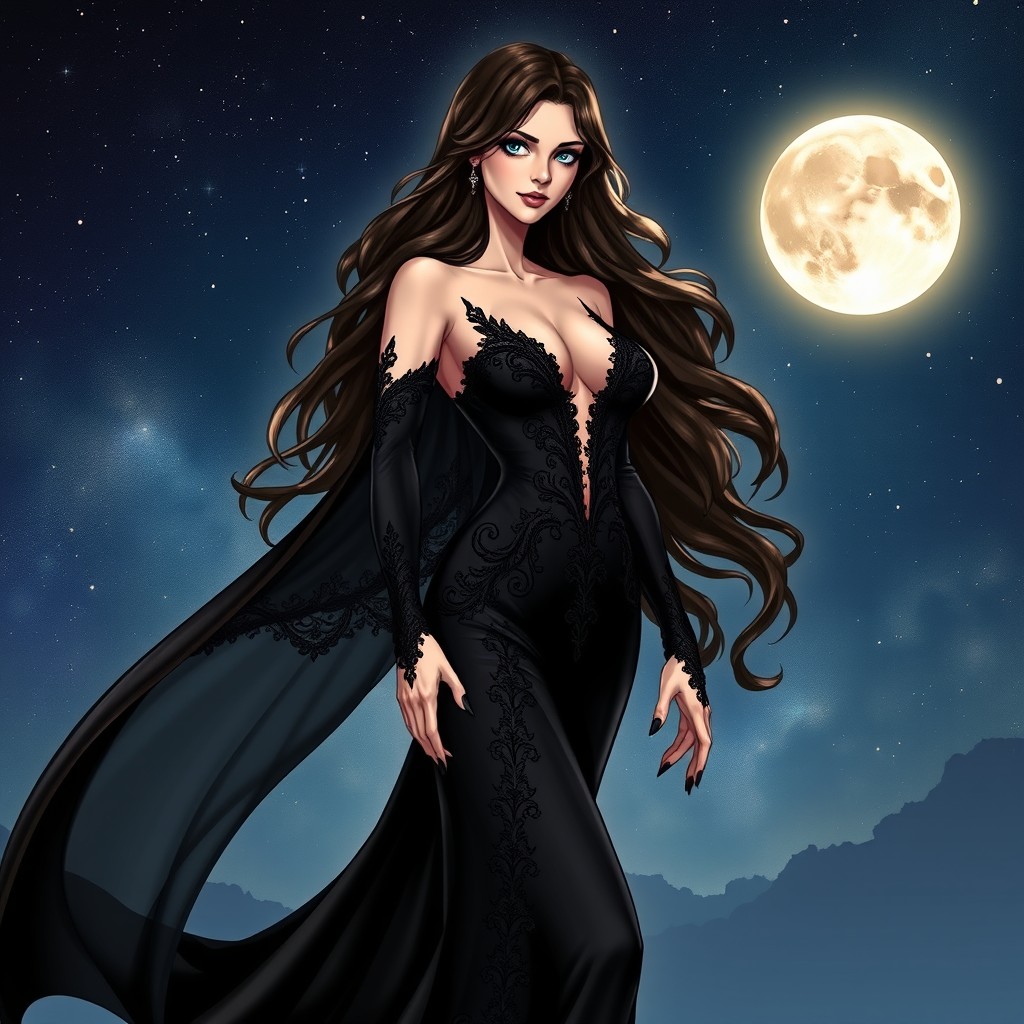 A captivating illustration of Lilith, depicted as a powerful and enchanting figure, wearing a stunning black gown that flows elegantly around her