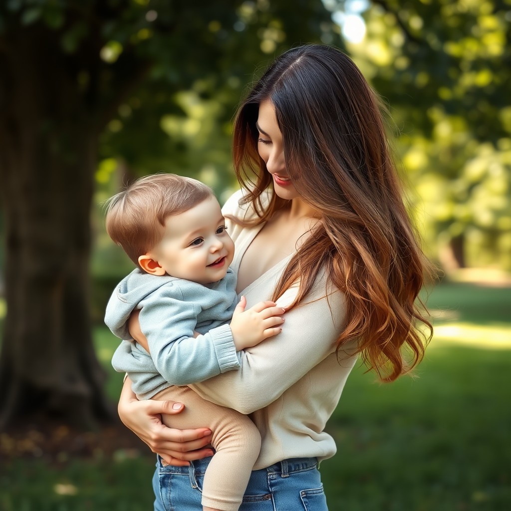 A heartwarming scene depicting a beautiful woman gently cradling her son, who has soft brown hair, in her arms