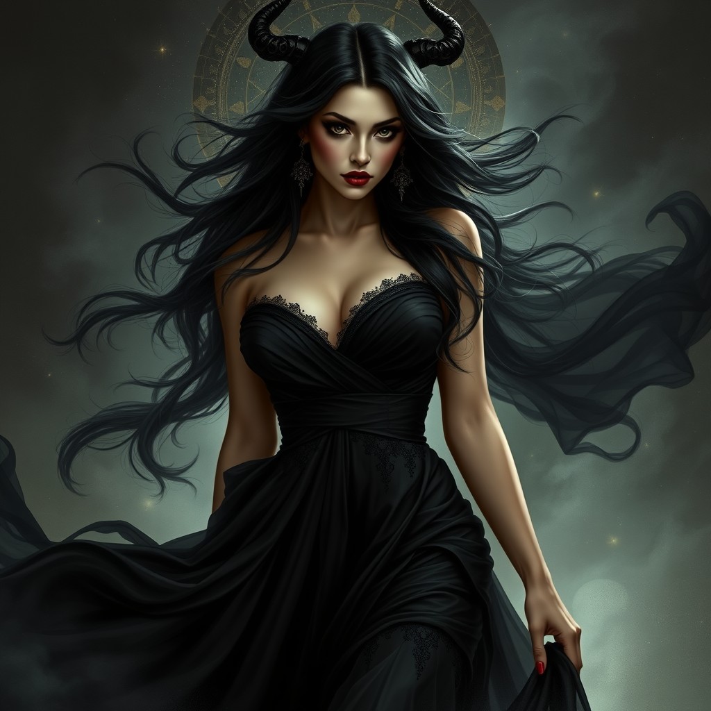 A stunning depiction of Lilith, the dark goddess, wearing an elegant black gown that flows dramatically around her