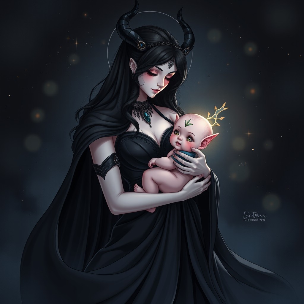 An enchanting illustration of Lilith, the dark goddess, holding her child Armilus in her arms