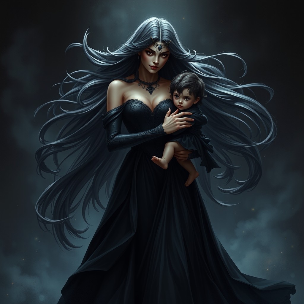 An enchanting depiction of Lilith, the dark goddess, in an elegant black gown reminiscent of the previous image, now holding her child Armilus in her arms