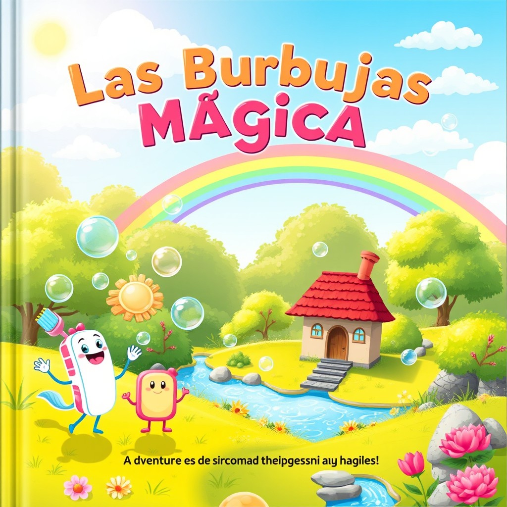 An enchanting cover design for a children's book titled 'Las Burbujas Mágicas', depicting a whimsical adventure about personal hygiene habits