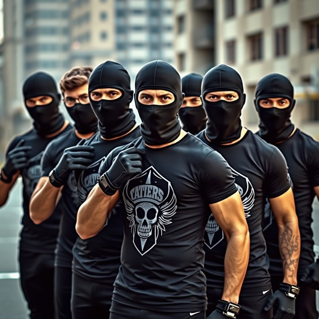 A group of young men wearing fitted t-shirts that emphasize their athletic builds, each adorned with stylish designs