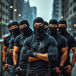 A group of young men wearing fitted t-shirts that emphasize their athletic builds, each adorned with stylish designs