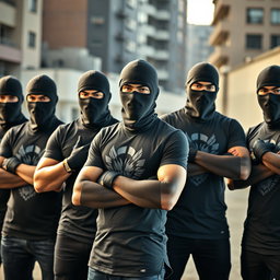 A group of young men wearing fitted t-shirts that emphasize their athletic builds, each adorned with stylish designs