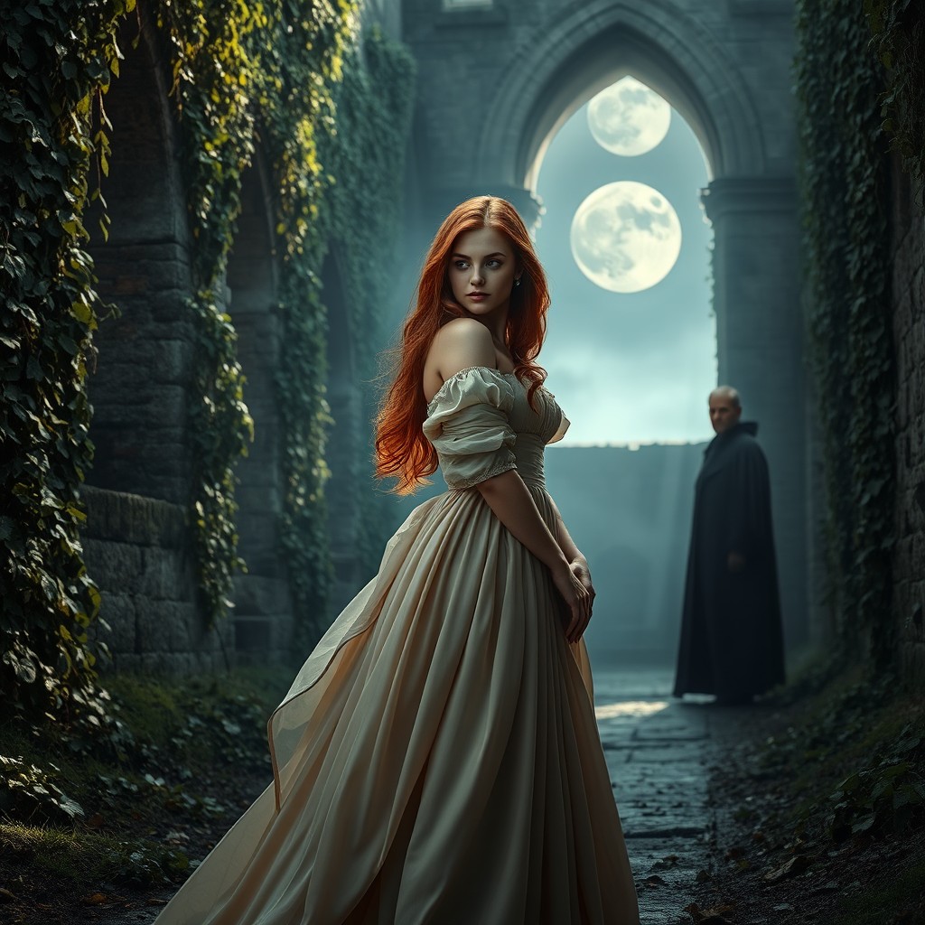 A young woman in an elegant medieval gown with flowing fabric, auburn hair cascading down her shoulders, stands gracefully among ancient castle ruins, overgrown with ivy