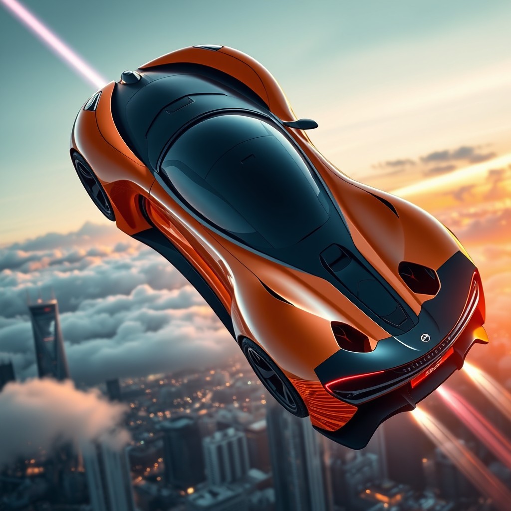 A futuristic flying McLaren super sports car, sleek and aerodynamic design, featuring vibrant orange and black colors, glossy finish