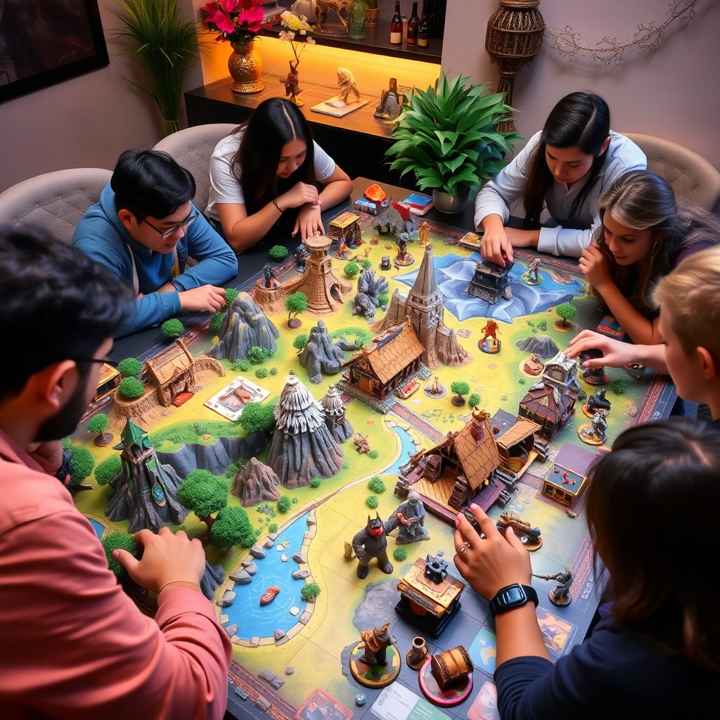 An engaging tabletop game setup featuring a vibrant and colorful game board with a fantasy theme
