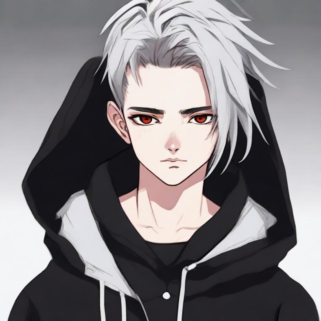 Portrait of a 16/17-year-old boy with half-black, half-white hair, one red eye, and one brown eye. He is wearing a black hoodie with subtle black details, a black scarf, and black pants.