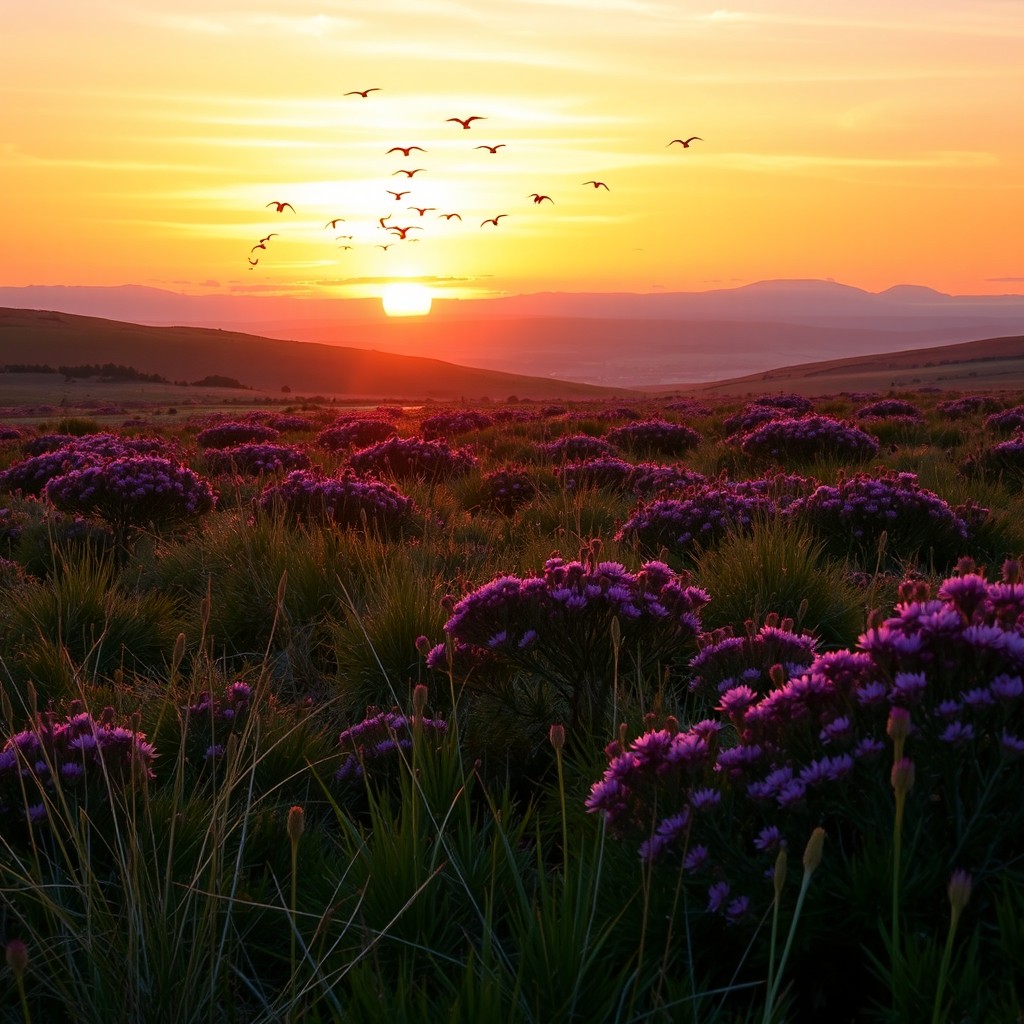 A vibrant, beautifully composed portrait of a majestic heath or moorland landscape during sunset