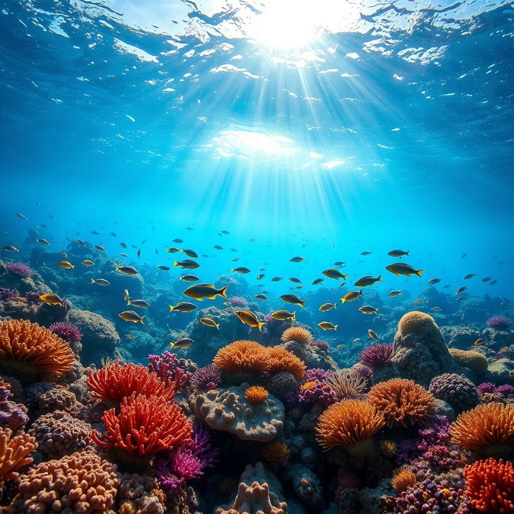 A stunning underwater scene showcasing a vibrant coral reef teeming with marine life, perfect for an aquarium poster