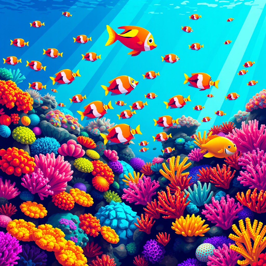 A vibrant pixel art depiction of a lively underwater coral reef, featuring a variety of colorful corals and schools of tropical fish swimming amongst them