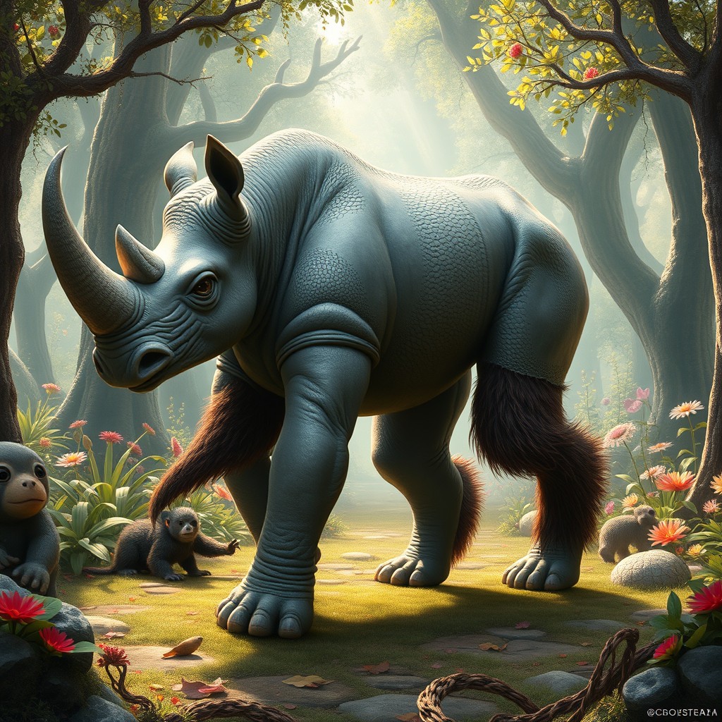 A fantastical chimera featuring a single head with the body of a gray rhinoceros, complemented by one leg resembling a chimpanzee's agile limb and another leg resembling that of a bear, creating a unique blend of strength and agility
