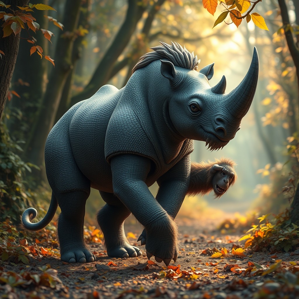 A whimsical chimera consisting of a gray rhinoceros body, featuring one agile chimpanzee leg and one powerful bear leg, all topped with a single majestic head